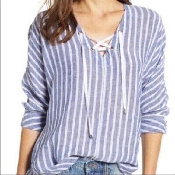 Rails Lily Blouse Parisian Blue Grenadines Stripe Linen Lace Up Neck Size Small - Picture 1 of 10
